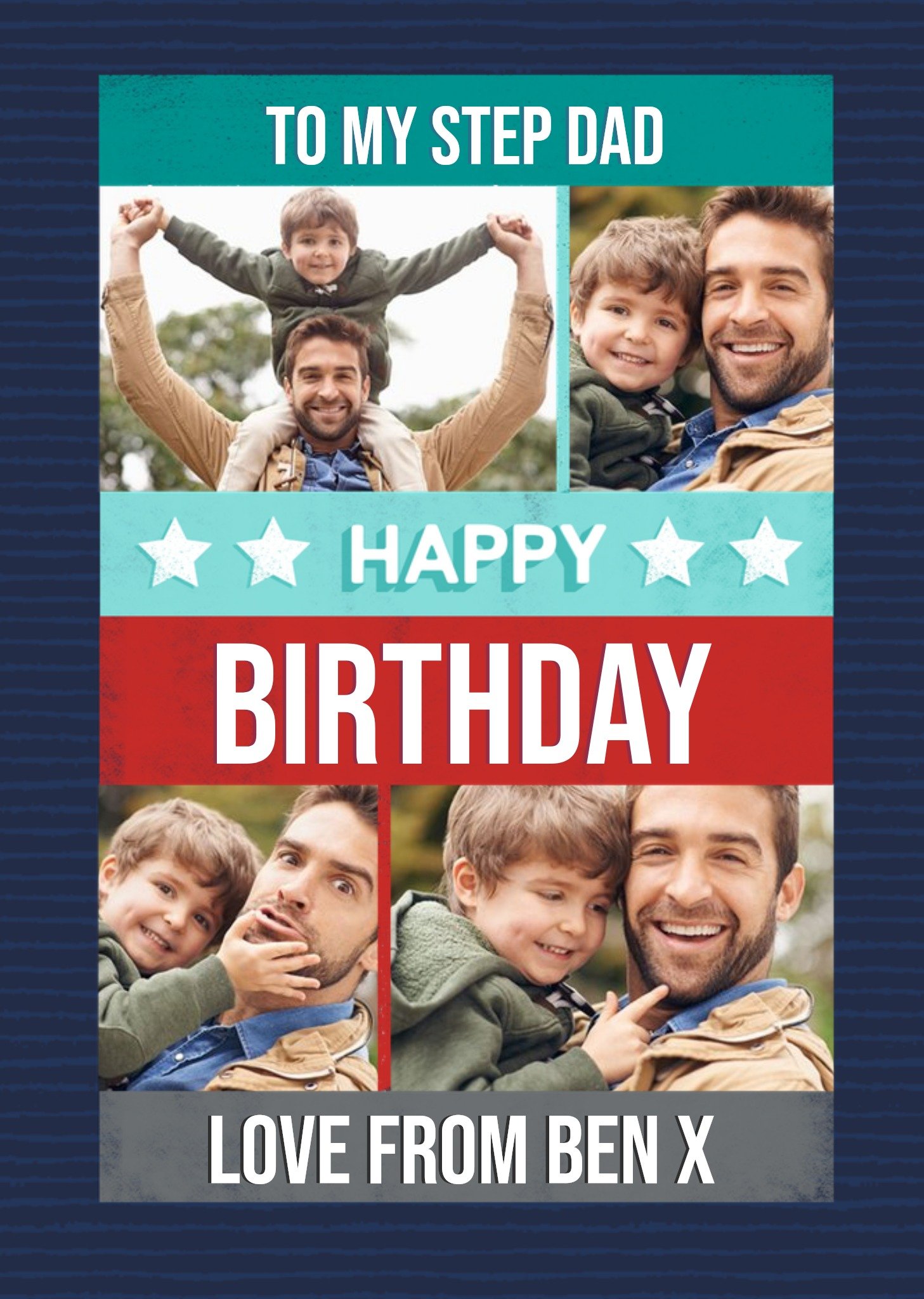 Moonpig Bold White Typography And A Blue Striped Border Step Dad's Birthday Photo Upload Card