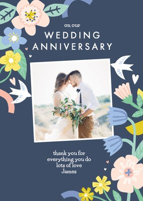 Illustrated Floral Photo Upload Anniversary Card