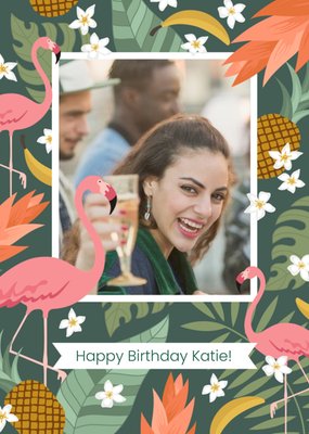 Flamingo And Tropical Print Photo Upload And Personalised Text Card