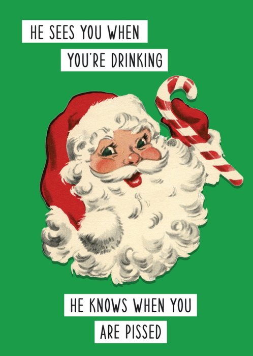 Scribbler He Sees You When You’re Drinking Retro Santa Illustration Christmas Card