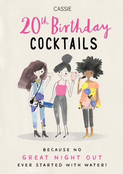 Pink Illustrative Cocktail 20th Birthday Card