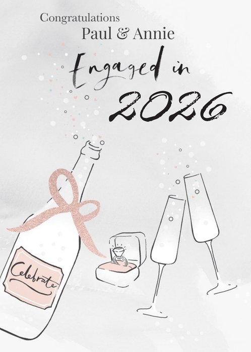 Illustration Of A Bottle Of Wine Glasses And An Engagement Ring Engagement Card