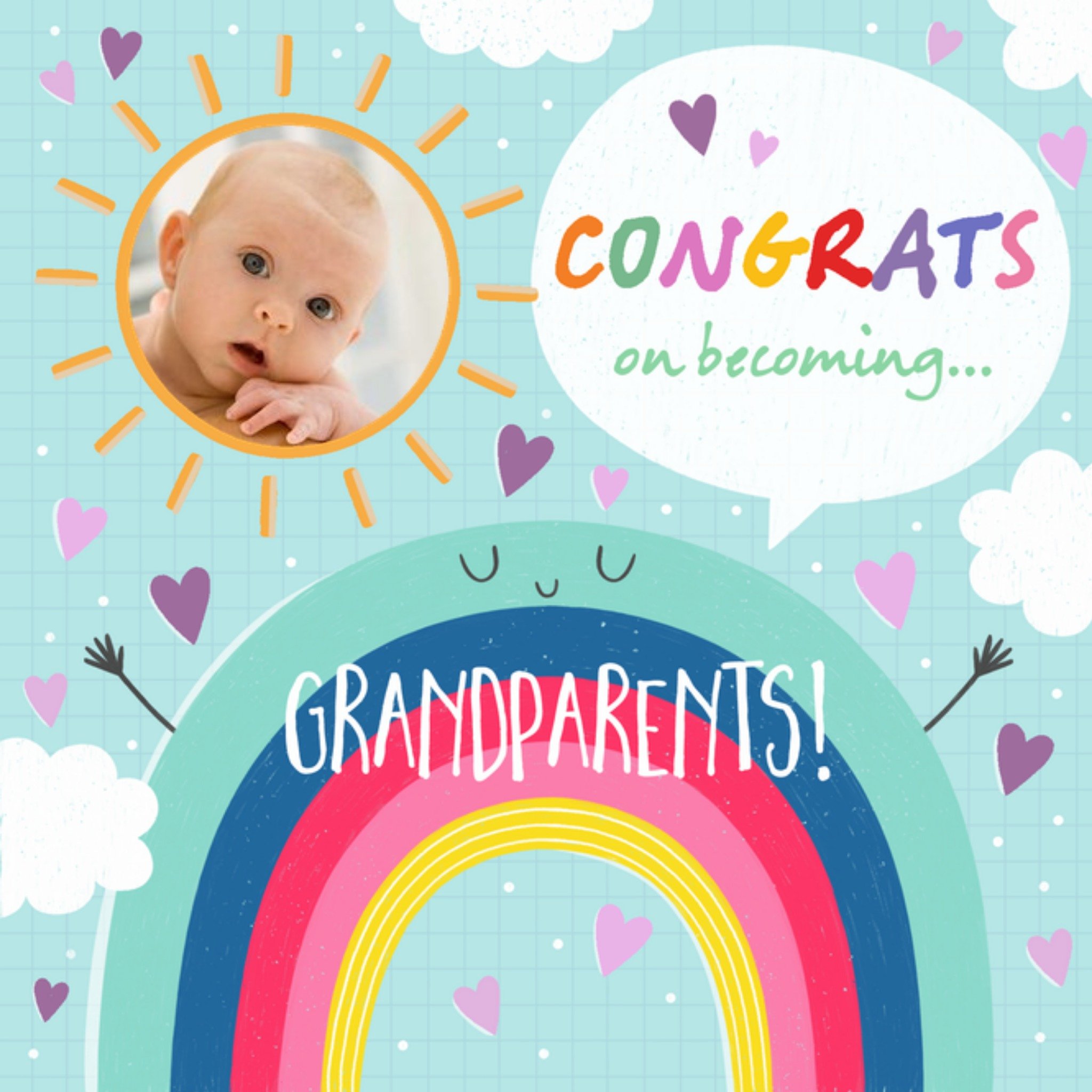 Moonpig Illustration Of A Smiling Rainbow Grandparents Photo Upload Congratulations Card