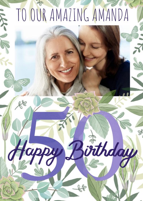 Illustrated Photo Upload Floral 50th Birthday Card