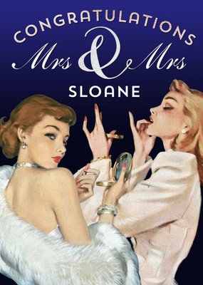 Congratulations Mrs & Mrs - same sex couple lesbian gay Retro illustration wedding card