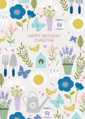 Floral Pink Gardening Watering Can Birds Birthday Card