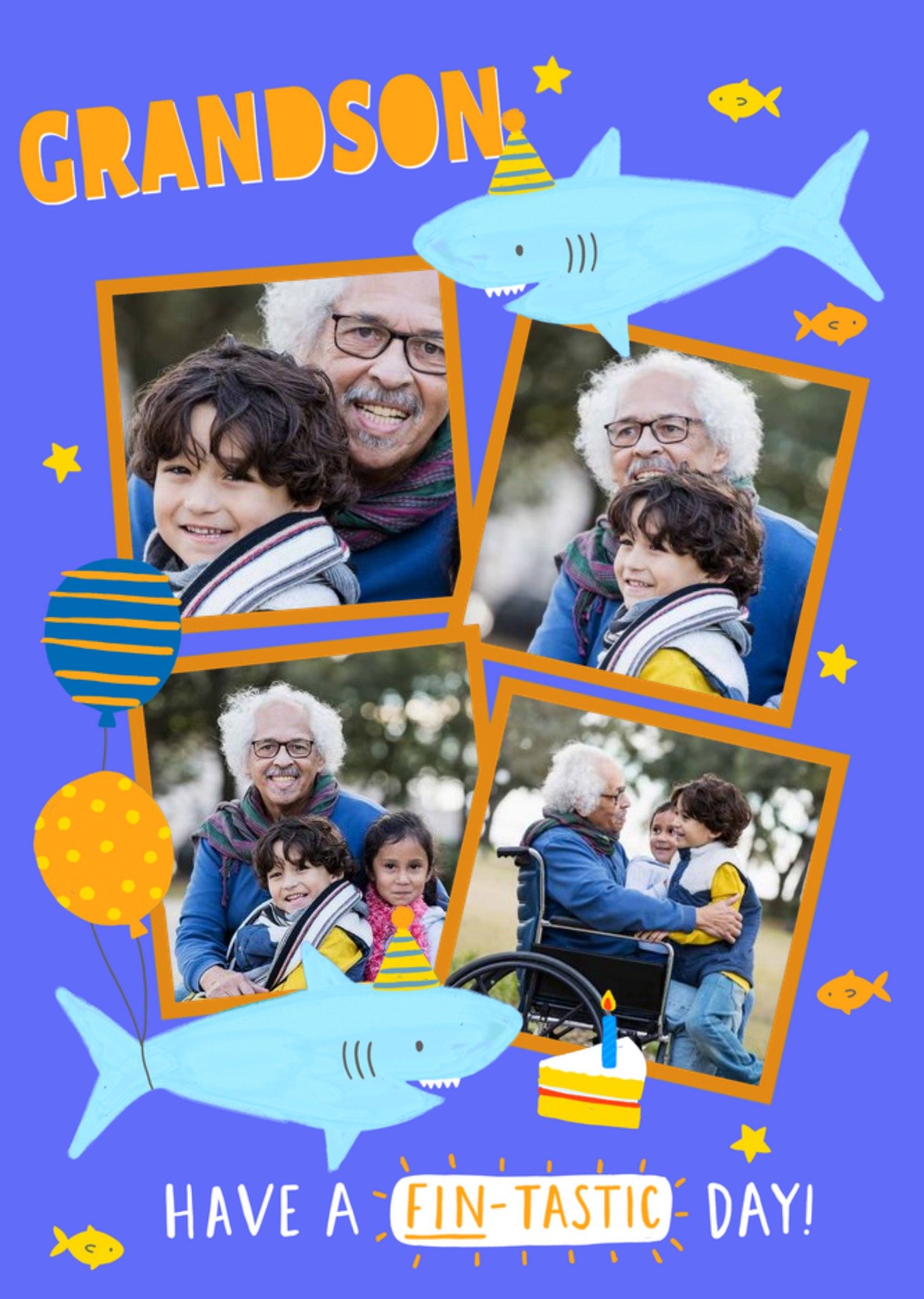 Moonpig Illustration Of Sharks In Party Hats With Four Photo Frames Grandson's Photo Upload Birthday