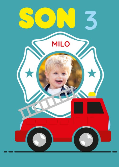 Simple Illustration Of A Fire Engine Son 3rd Birthday Photo Upload Card