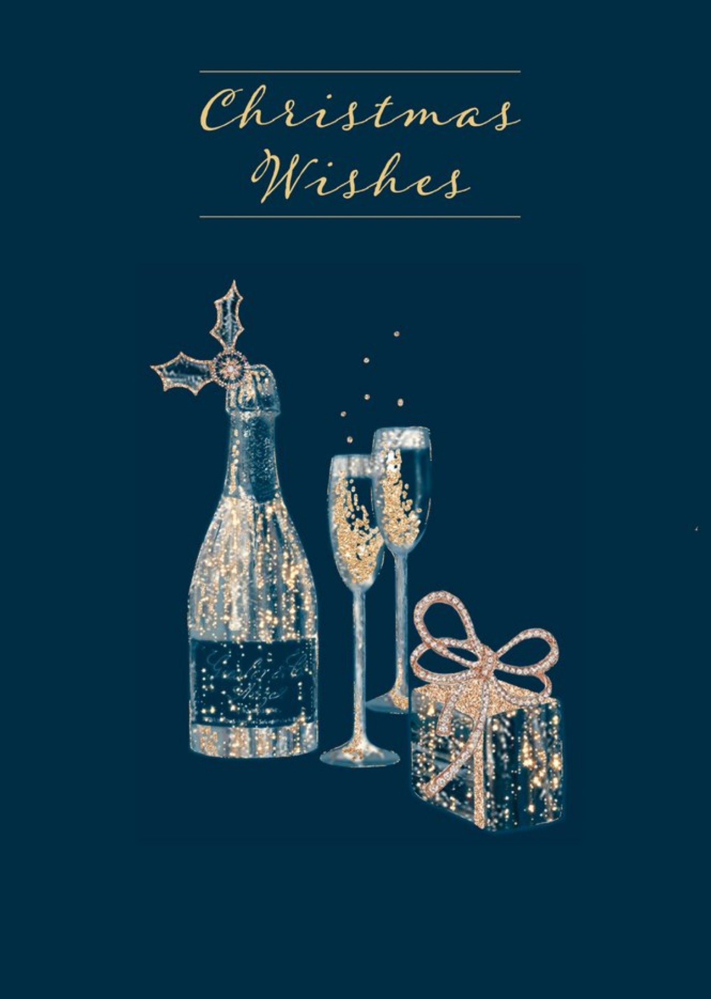 Moonpig Gold Illustration Of A Bottle Of Wine With Glasses And A Present Christmas Card