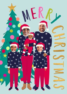 Merry Christmas Illustrated Family Face In Hole Photo Upload Card