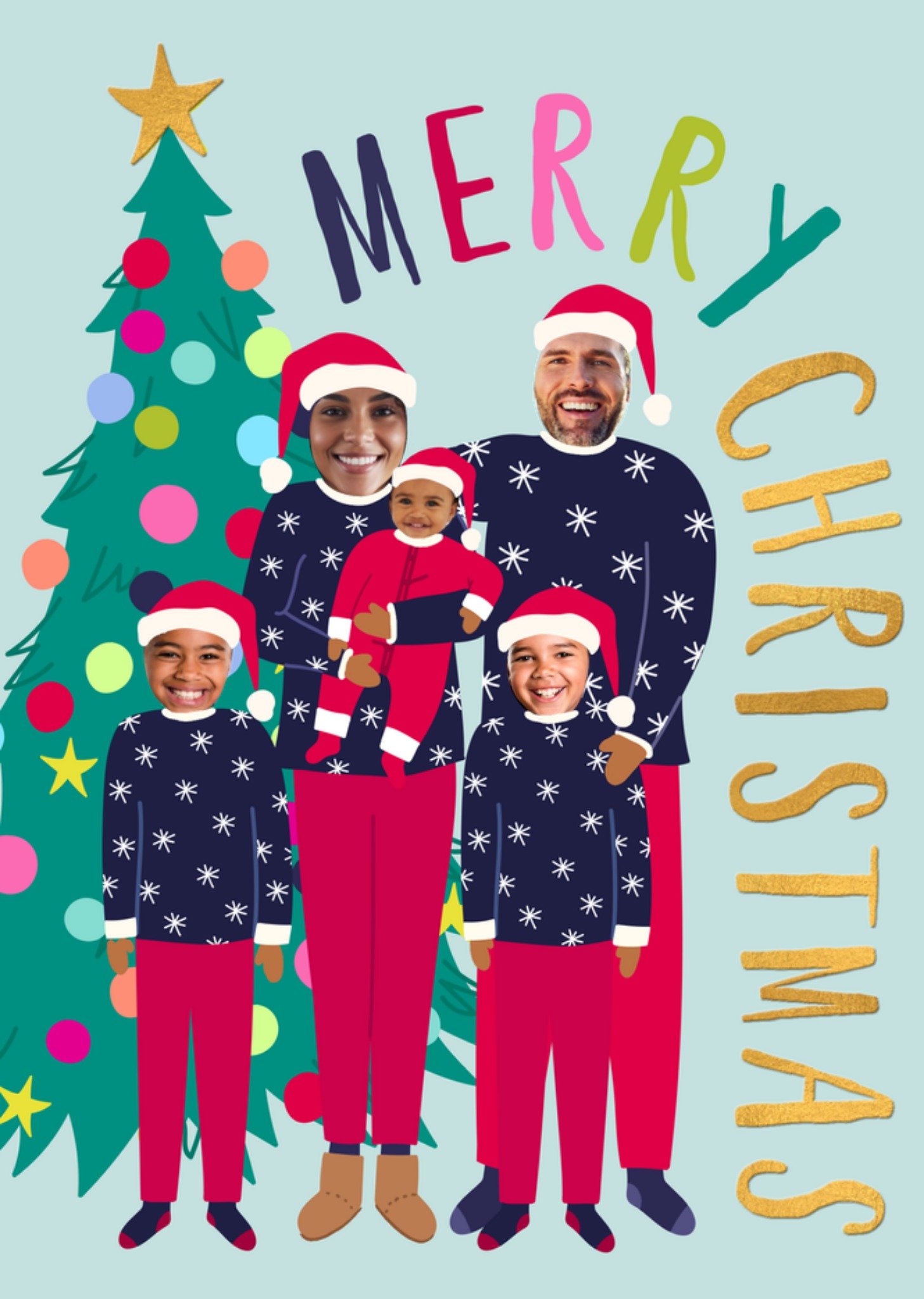 Moonpig Merry Christmas Illustrated Family Face In Hole Photo Upload Card