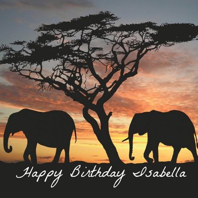 Tree And Elephants In Silhouette Personalised Happy Birthday Card