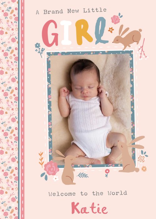 Illustrations Of Rabbits And Flowers Welcome To The World Photo Upload New Baby Card