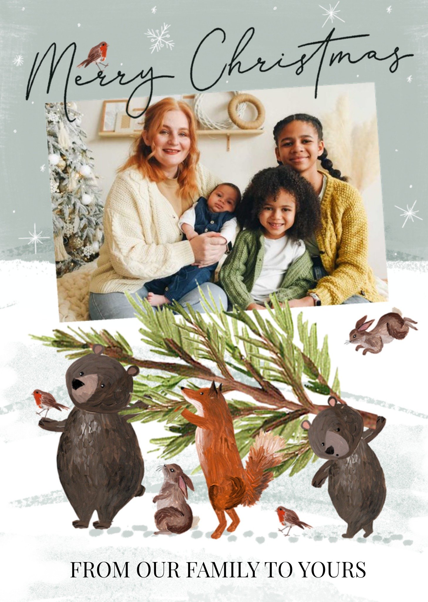 Moonpig Adorable Illustration Of Animals Carrying A Christmas Tree Photo Upload Christmas Card