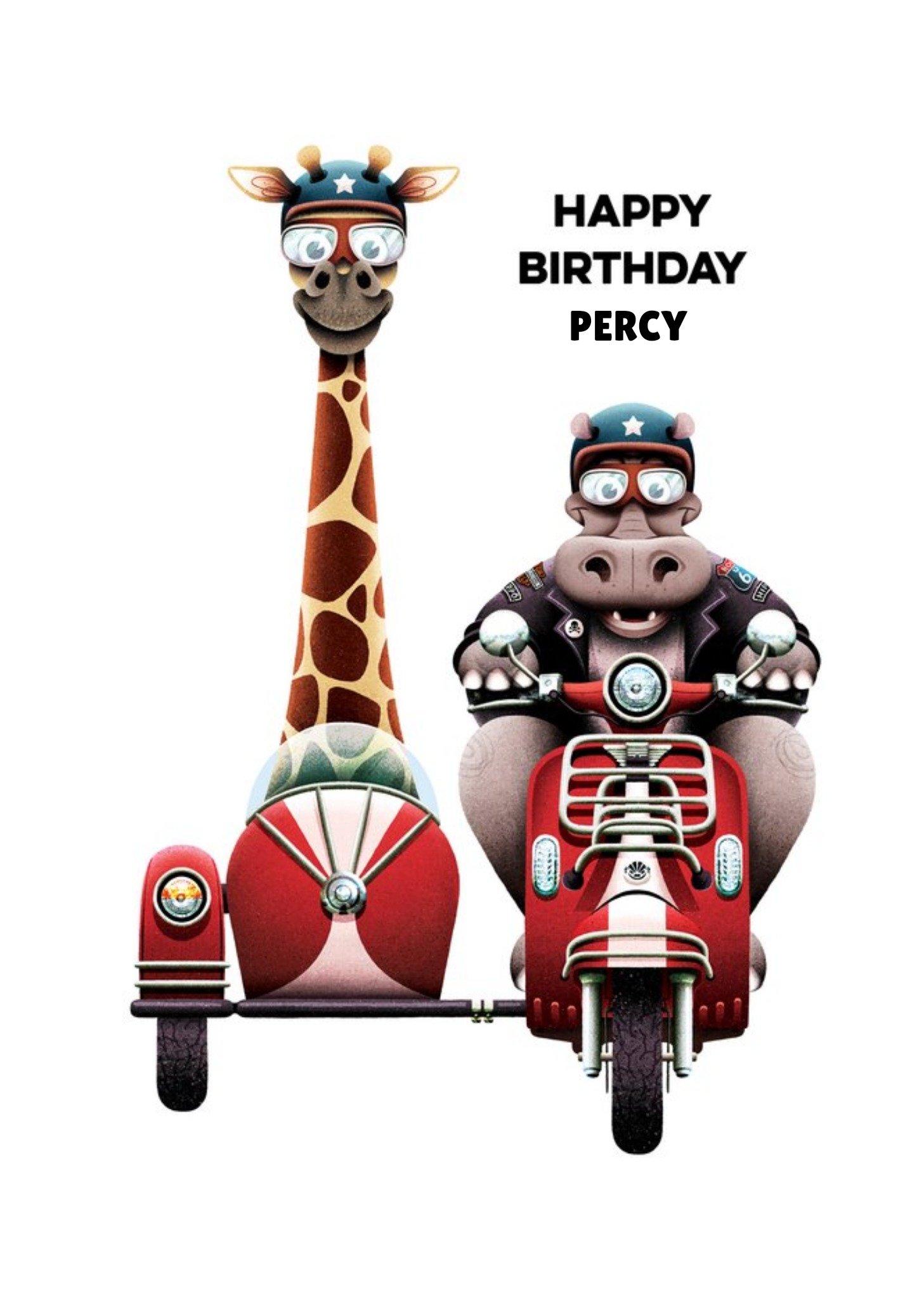 Moonpig Illustration Of A Hippopotamus And A Giraffe On A Classic Motorbike Personalised Birthday Ca