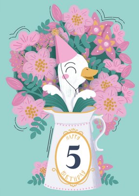 Cute Duck In Flowers 5th Birthday Card