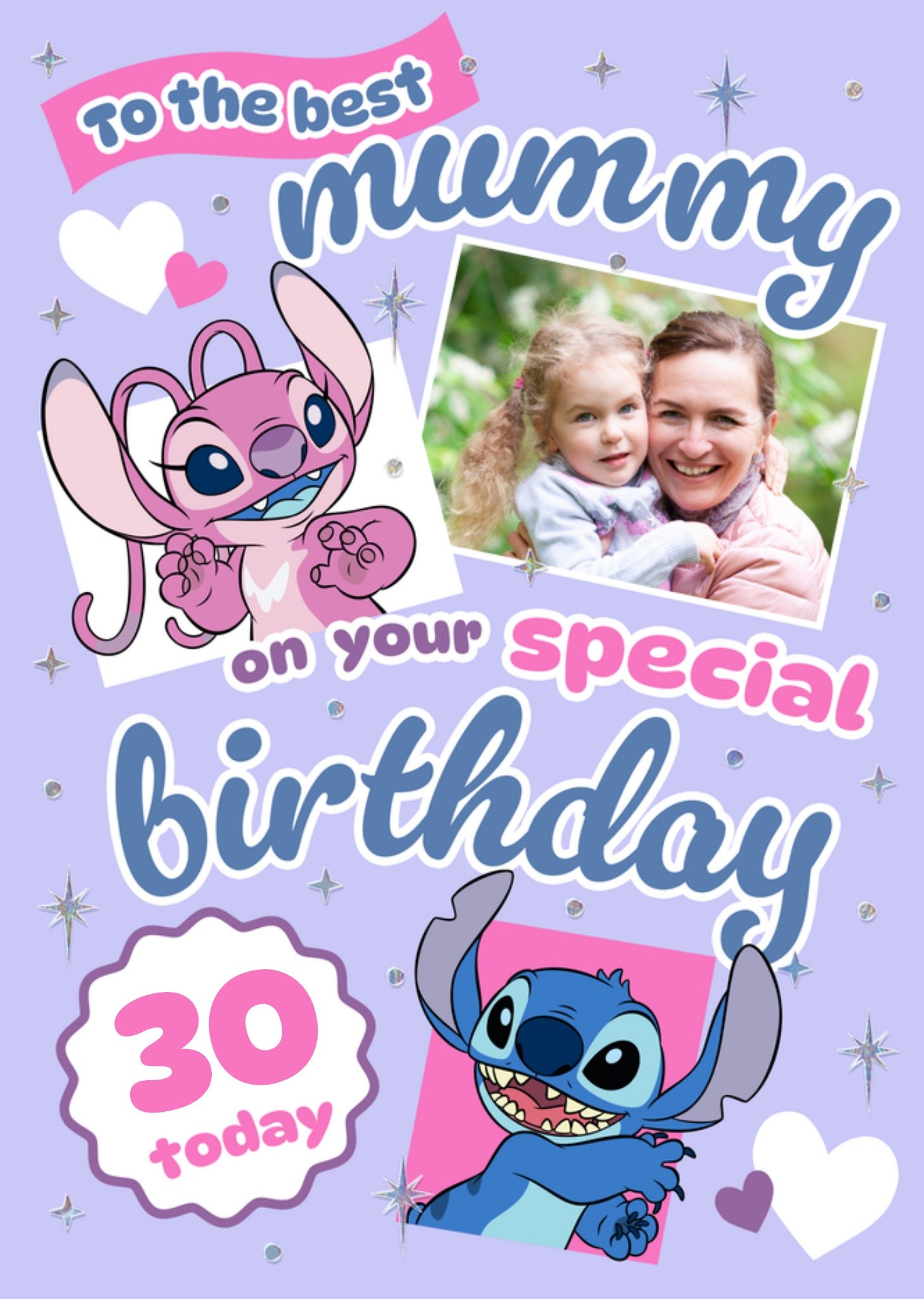 Disney's Lilo And Stitch Disney Stitch And Angel Mummy 30th Birthday Photo Upload Card