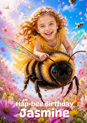 Flying Bee Girl Photo Upload Hap-Bee Birthday Card
