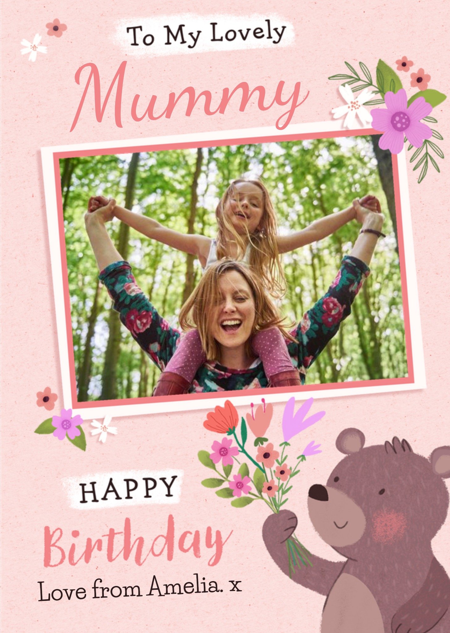 Moonpig Illustration Of A Bear With Flowers Mum's Photo Upload Birthday Card