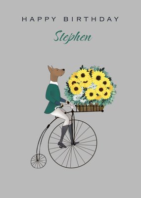 Illustrated Dog Riding A Penny Farthing Floral Birthday Card