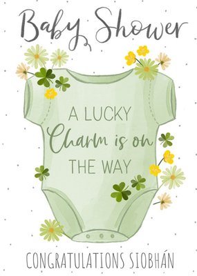 Okey Dokey Design Cute Illustrated Baby Grow and Four leaf Clover Baby Shower Card