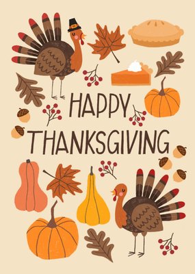 Turkeys And Pumpkins Illustrated Autumnal Thanksgiving Card