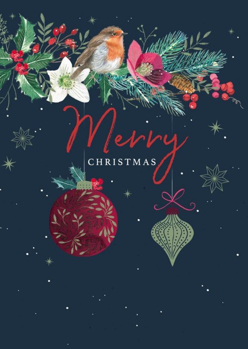 Illustrated Christmas Foliage And Robin Card