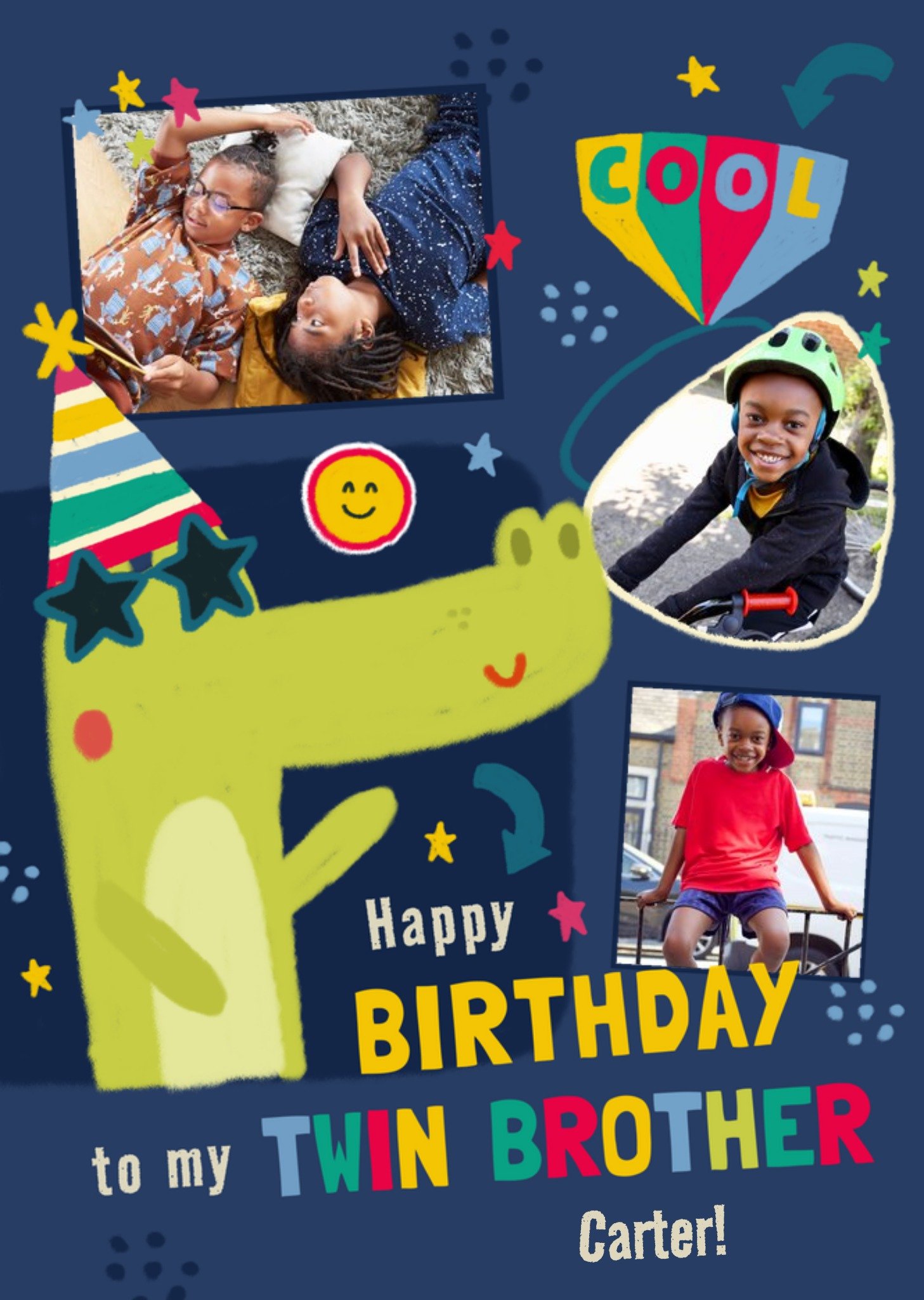 Moonpig Illustrated Crocodile Twin Brother Photoupload Birthday Card