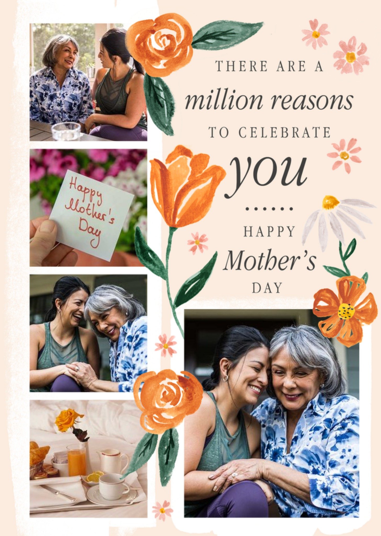 Moonpig Five Photo Frames With Watercolour Illustrations Of Flowers Mother's Day Photo Upload Card