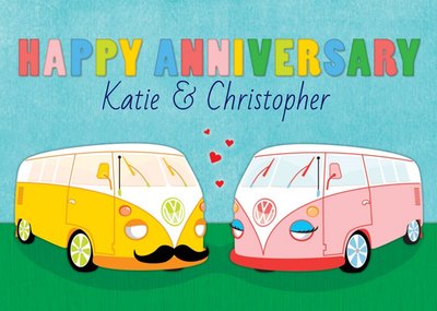 Pair Of Vw Camper Vans Personalised Happy Anniversary Card