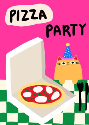 Pizza Party Cute Illustrated Ginger Cat Birthday Card