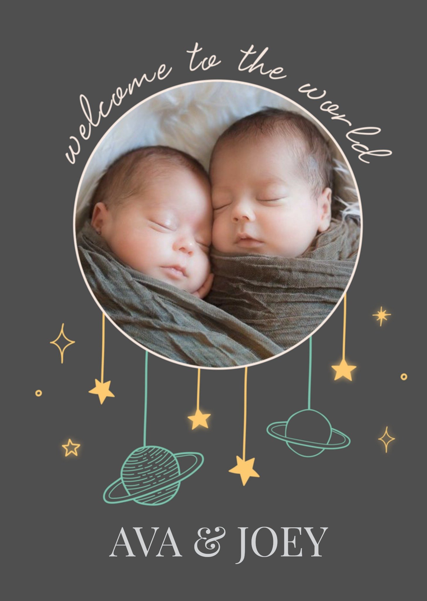 Moonpig Circular Photo Frame With Stars And Planets On A Grey Background New Baby Photo Upload Card