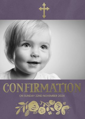 Plum And Metallic Gold Photo Upload And Personalised Confirmation Card