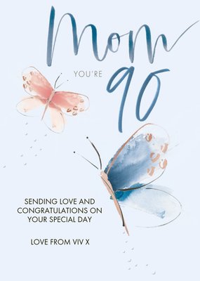 Clintons Mom Blue Butterfly 90th Birthday Card