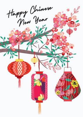 Elegant And Graceful Illustrated Cherry Blossom Tree And Chinese Lanterns Happy Chinese New Year Card