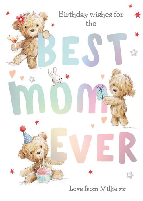 Illustrated Teddy Bears Rainbow Typographic Personalised Best Mom Ever Card
