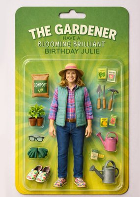 Funny Gardener Toy Figure Face Swap Birthday Card For Her