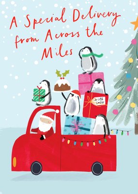 A Special Delivery from Across the Miles Illustrated Santa And Penguins Christmas Card