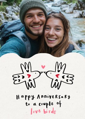 Lovebirds Illustrated Photo Upload Happy Anniversary Card