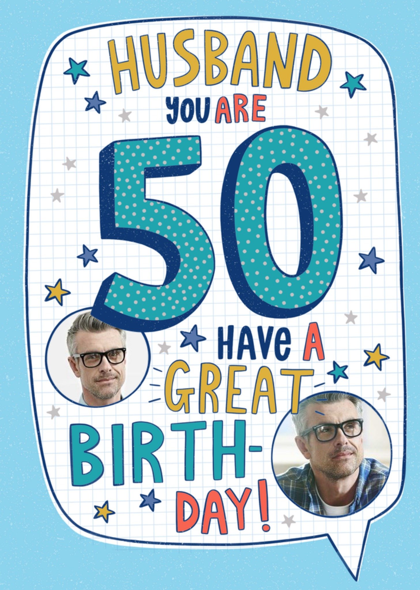 Moonpig Fun And Colourful Typography With Two Circular Photo Upload's Husband's Fiftieth Birthday Ca