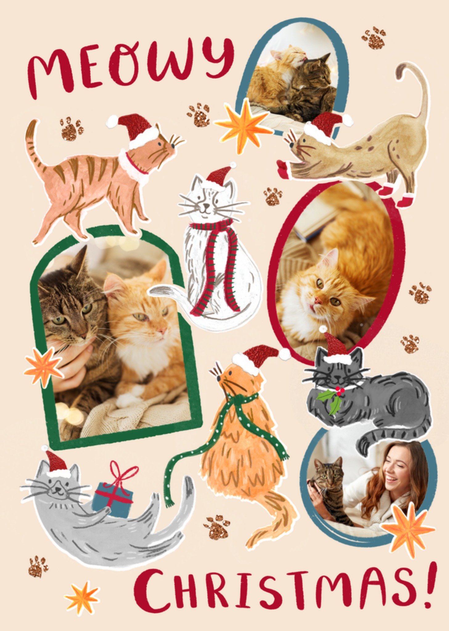 Moonpig Meowy Christmas Cats Illustrated Photo Upload Christmas Card