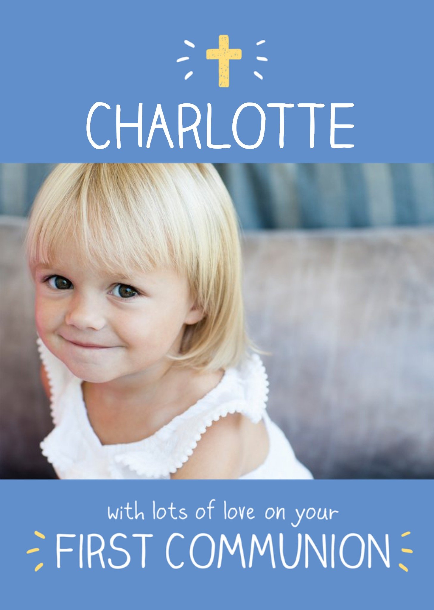 Happy Jackson Personalised Photo Upload Blue First Holy Communion Card