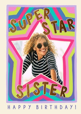 Kaleidoscopic Super Star Sister Photo Upload Birthday Card