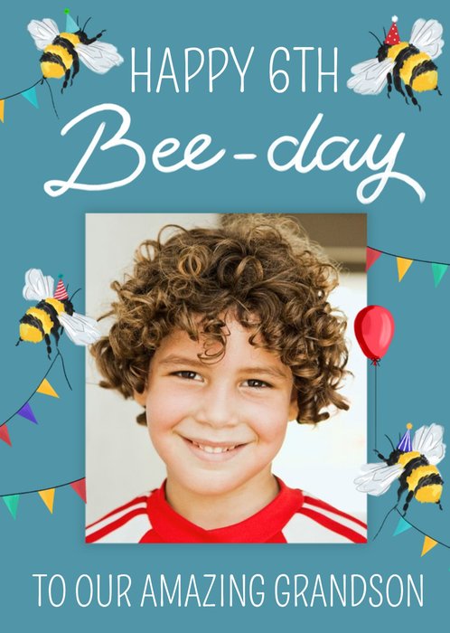 Okey Dokey Illustrated Bees Grandson 6th Birthday Photo Upload Card