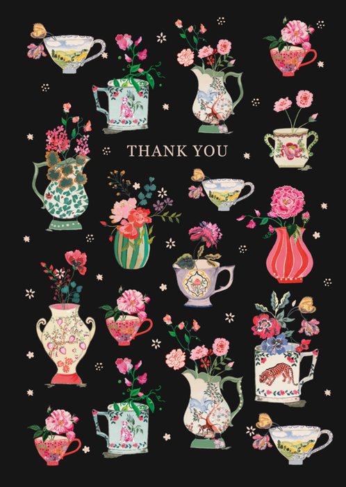 Cath Kidston Illustrated Vintage Teacups And Vases Thank You Card 