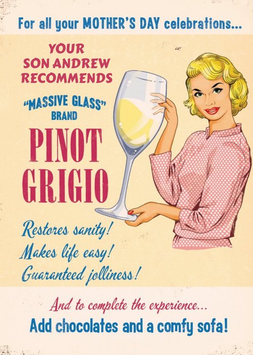 Mother's Day Card - Mum - Wine - Pinot Grigio - Funny Retro Card