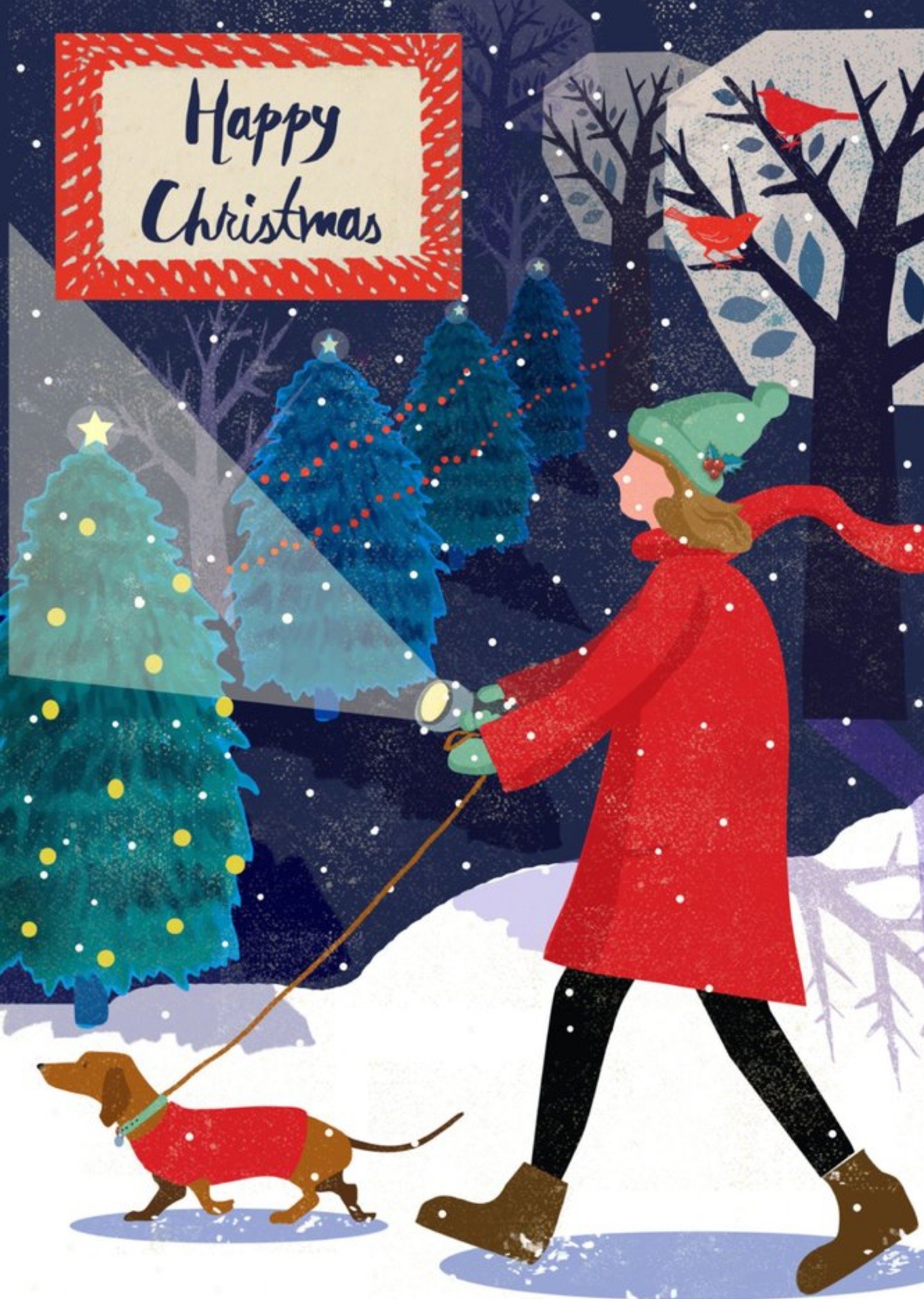 Moonpig Cute Illustrative Winter Night Sausage Dog Christmas Card