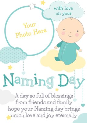 Cartoon Baby In The Clouds Naming Day Photo Card