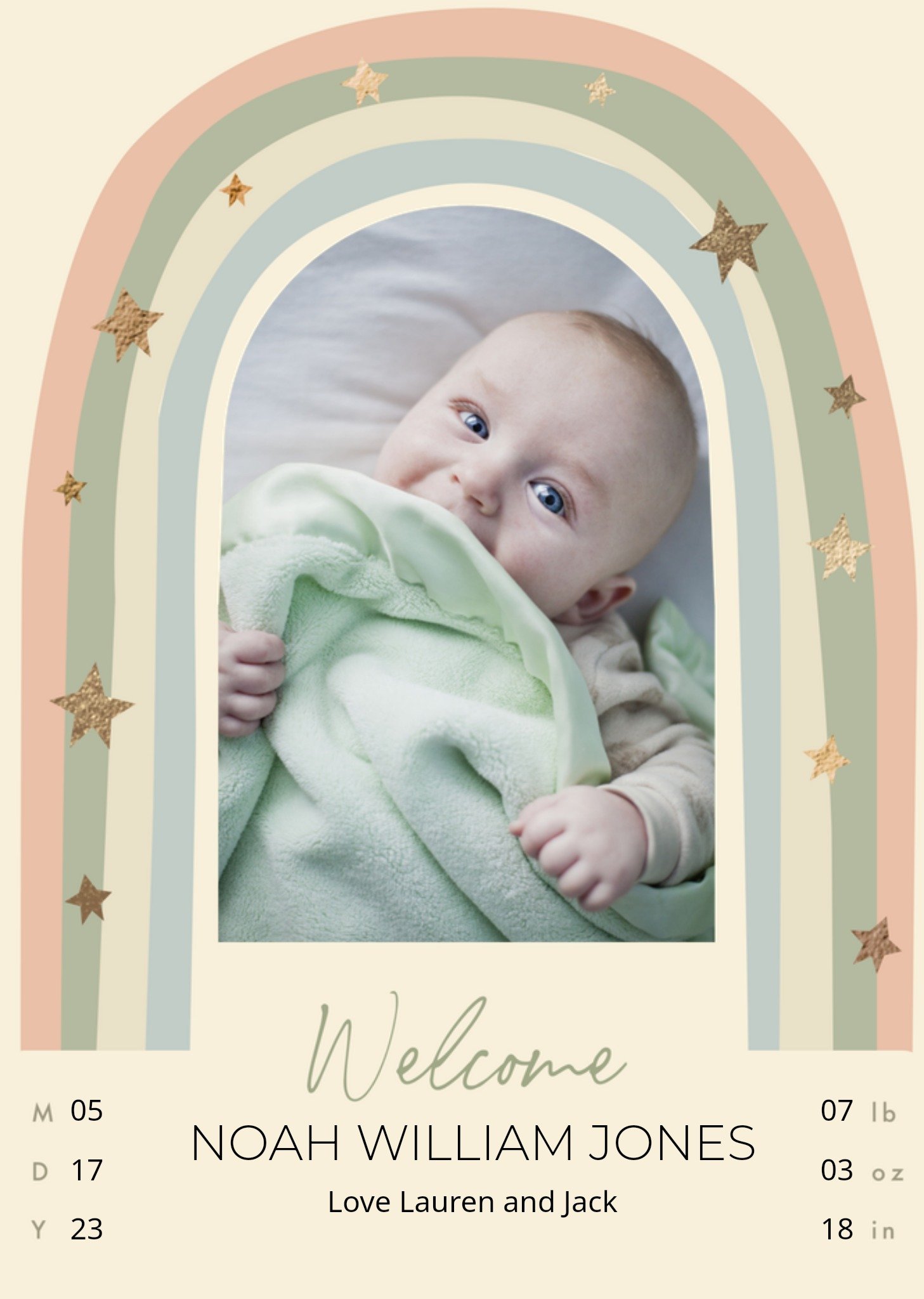 Moonpig Heartwarming Katt Jones Arched Photo Frame Rainbow And Stars Photo Upload New Baby Card