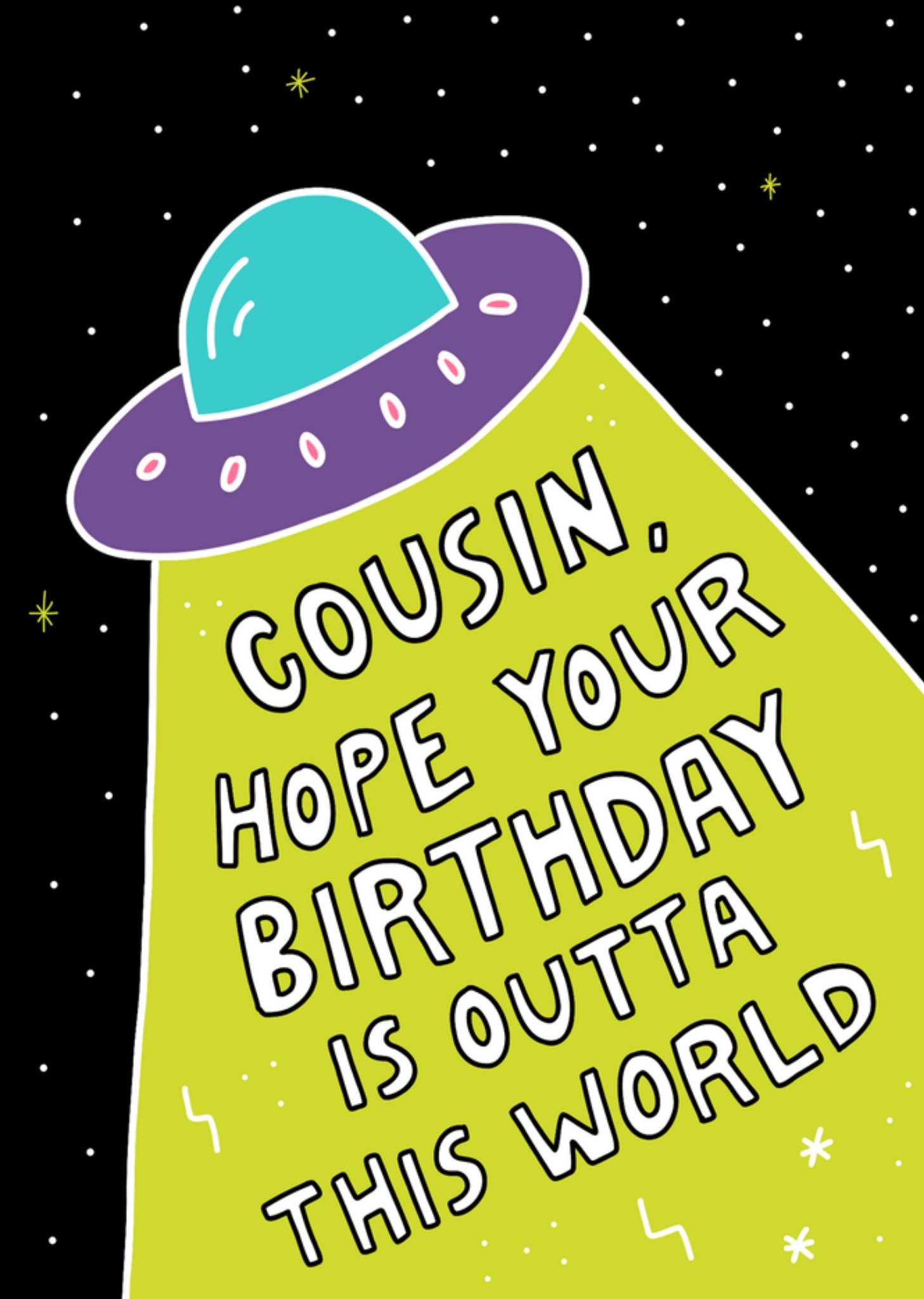 Moonpig Cousin Outta This World Illustrated Flying Saucer Birthday Card